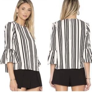 Alice + Olivia Bernice Black and Cream Striped Ruffle Sleeve Blouse Size Small